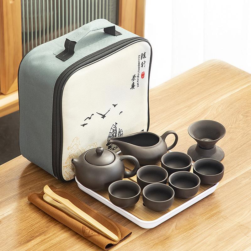 Chinese Kung Fu Travel Set, Ceramic Portable Teapot,Travel Tea Set Portable Outdoor Kung Fu Ceramic Teapot Plate Set