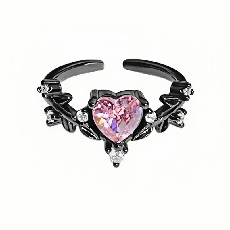 Dark Sweet Cool Pink Zircon Love Open Ring Punk Stacked Wear Personality Niche High Sense Girlfriend Ring Girl
