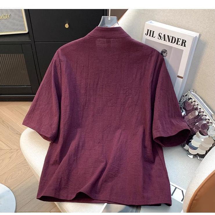 Damen Sommer Zen Teezeremonie Baumwoll-Leinen Oberteil mit schrägem Kragen und Froschknöpfen
