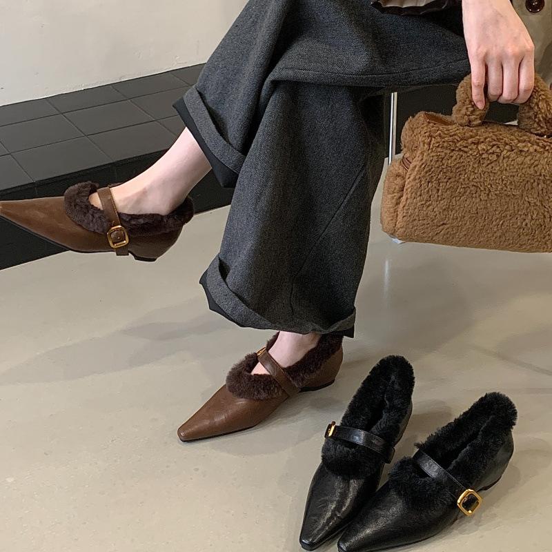 2025 new late night wind pointed head fleece inner height increase fleece shoes single shoes fashionable and comfortable wool shoes women