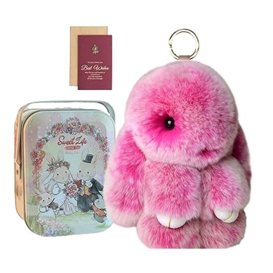 Handmade Soft Plush Bunny Keychain with Tin Box Fluffy Cute Bunny Pom Pom Charm Stuffed Animal Keyring for Easter Birthday Gift