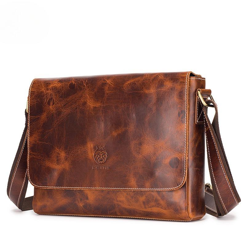 Men's Fashionable Single-shoulder Crossbody Bag, Men's Retro Oil-wax Genuine Leather Messenger Bag