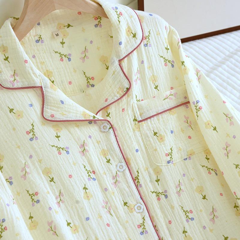 Autumn Cotton Crepe Women's Pajamas Casual Soft Loose Sleepwear Long Sleeve Pants Pajama Sets