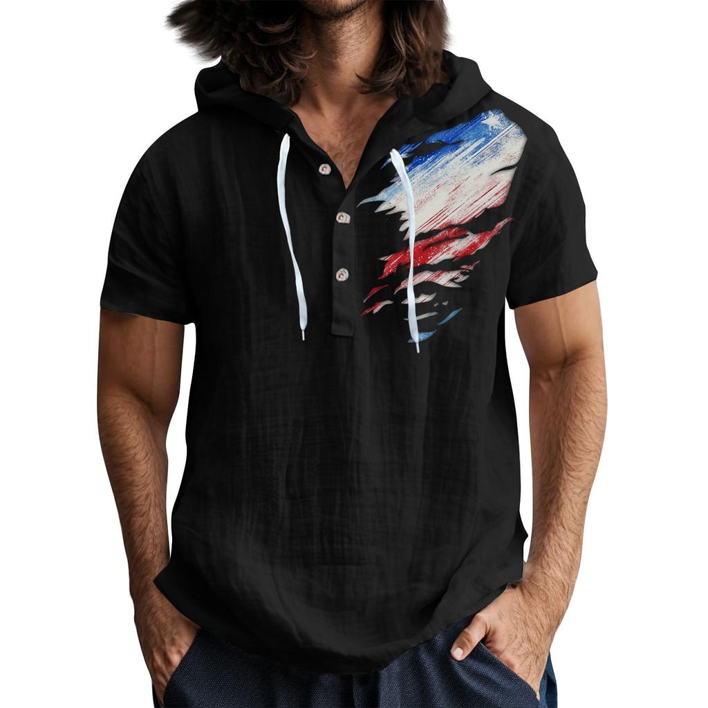 Męska koszulka z krótkim rękawem i kapturem, zapinana na guziki, z odkrytym dekoltem