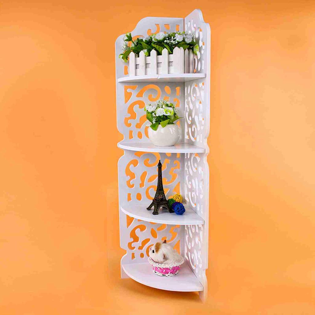 White Hollow Carved 4 Tier Corner Shelf Bookcase Display Cosmetic Storage Bathroom Shelving