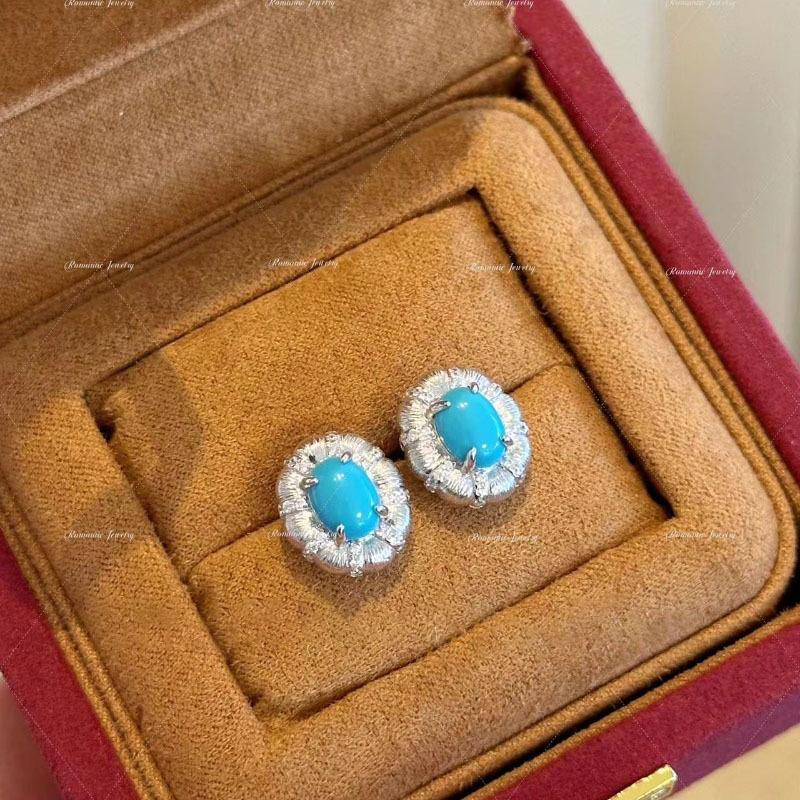 Light Luxury High Quality Turquoise Earrings For Women Fashion Oval Wire Drawing Blue Earings Stud Wedding Jewelry