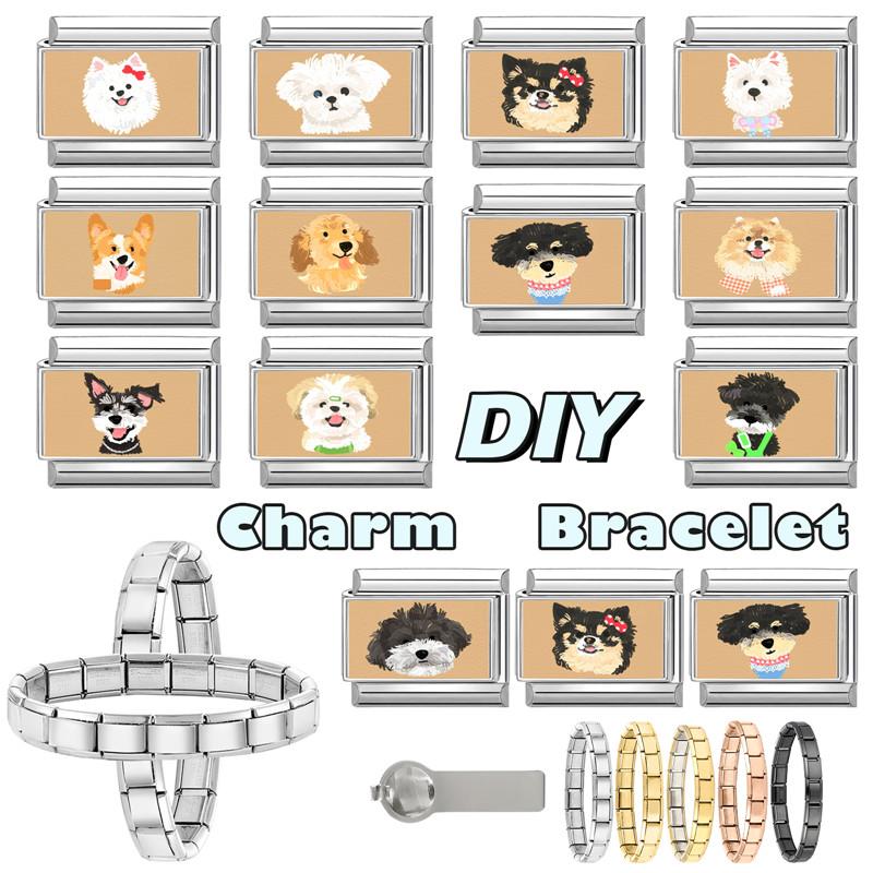 Lovely Cartoon Dogs Cats Rabbit Rose Flower Italian Charm Links Fit 9mm Stainless Steel Bracelet Women Men DIY Making Jewelry