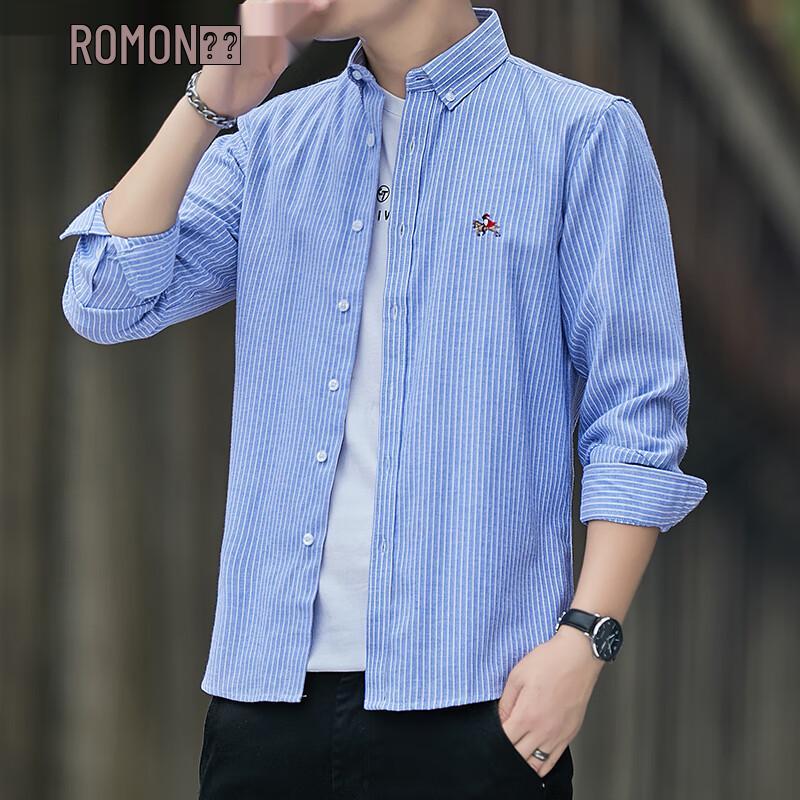 

ROMON Men s Oxford Cloth Striped Long Sleeve Shirt M