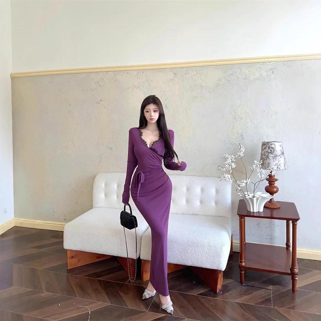 Herbst Winter Neues Französisches Stil Langes Kleid Tiefer V-Ausschnitt LaAe Spleißung Gürtel in der Taille Langarm Slim Fit Kleid Für Frauen