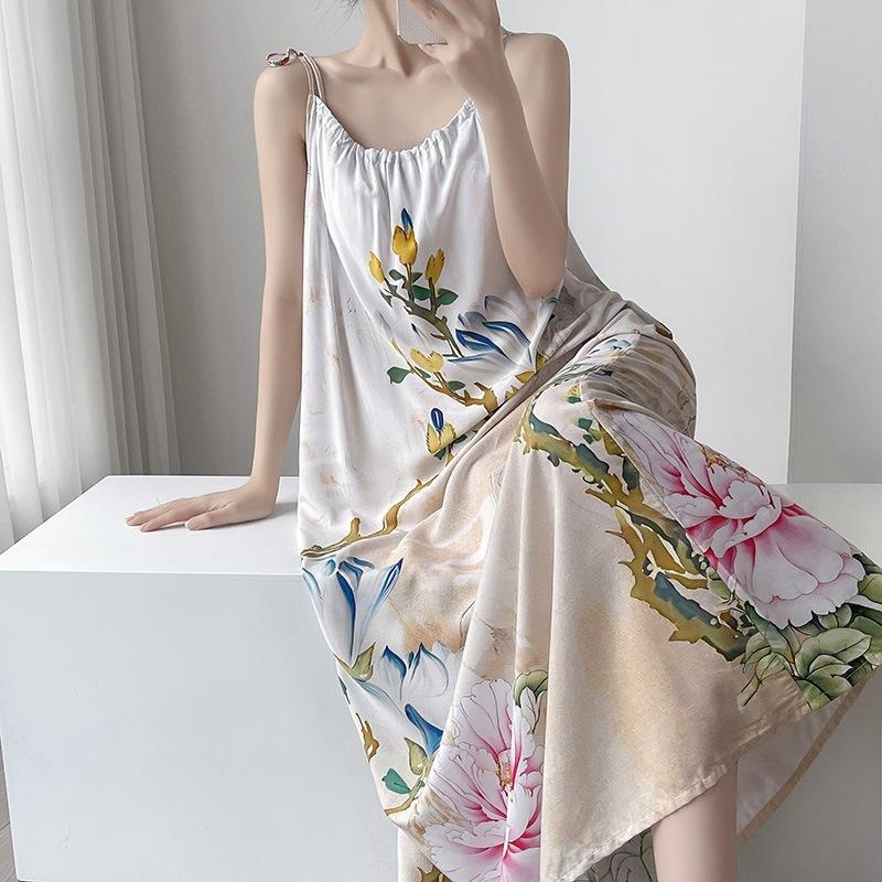 Cotton silk nightdress casual holiday wind gradual change color printing long dress loose suspenders summer dress pajamas