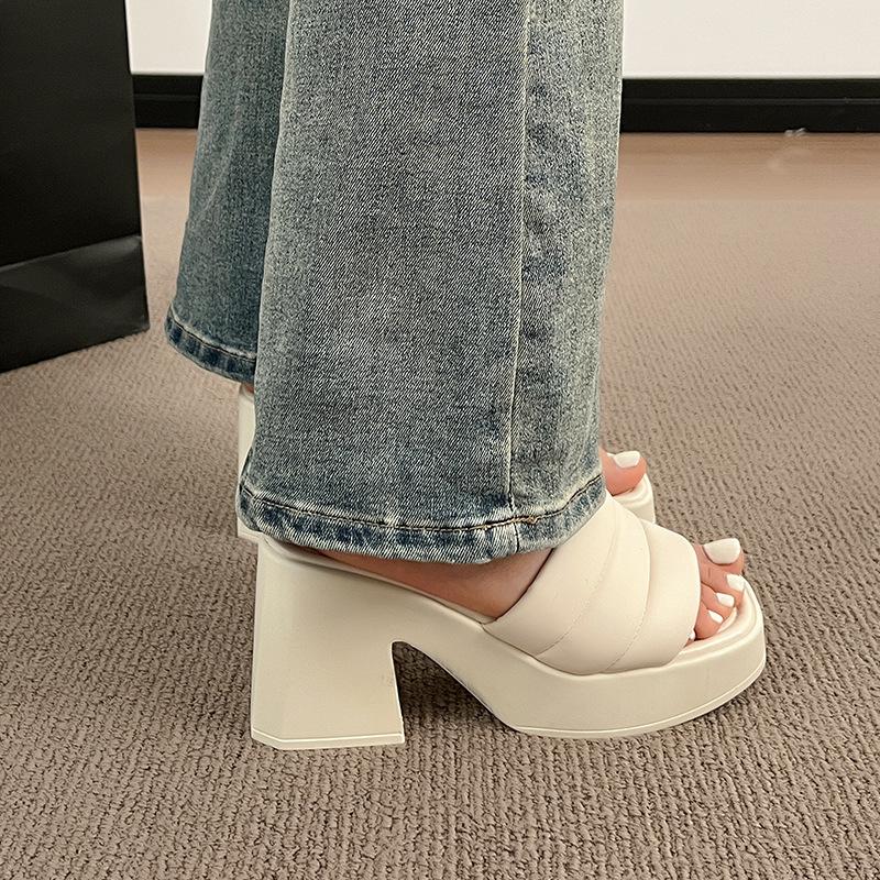 Waterproof Table Thick-soled Cool Slippers, Women's Ins Trendy Outer Wear One-word Slippers, New Thick-heeled High-heeled Shoes In Summer
