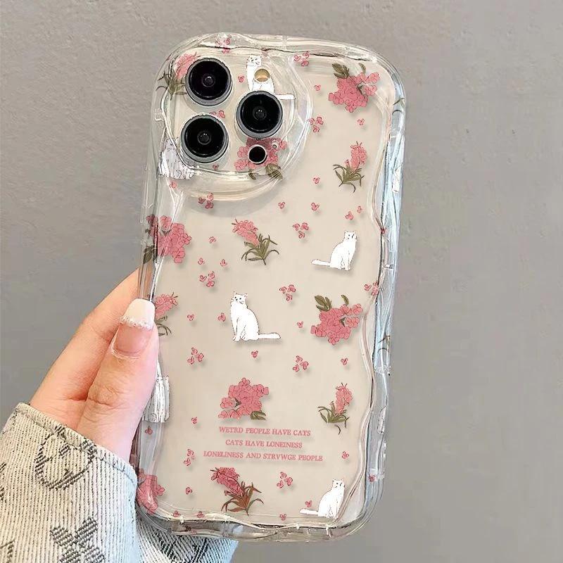 Fresh Floral Cat iPhone17Promax Mobile Phone Case Transparent for Apple 16promax Cream Case 15