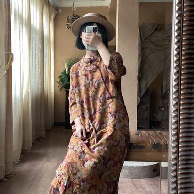 Summer Woman Vintage Loose Disc Buckle Dress Cotton Three Quarter Print O-Neck Chinese Style Dress