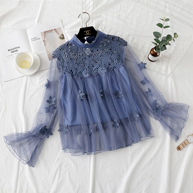 

GMXIA Женская мода Повседневная весна-осень Однотонные принты Длинные рукава О-образный вырез Блузки и рубашки One Size синий