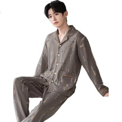 Pure Cotton Antibacterial Anti-Mite Men's Pajamas Autumn Winter Cardigan Full Print Wearable Homewear Set Gray 2XL