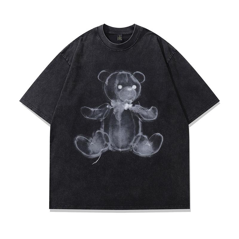 T-shirt a maniche corte lavata effetto invecchiato, stampa a iniezione diretta, ritratto spoof retrò americano, taglia oversize da uomo e da donna, manica a metà