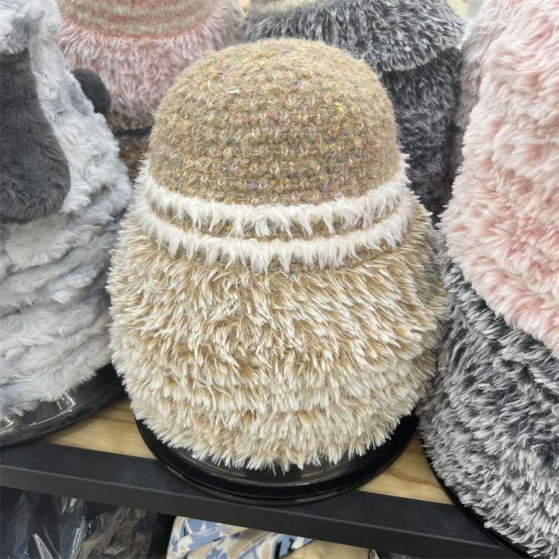 Plush bucket hat women's autumn and winter versatile face small European bucket hat thickened warm knitted basin hat winter