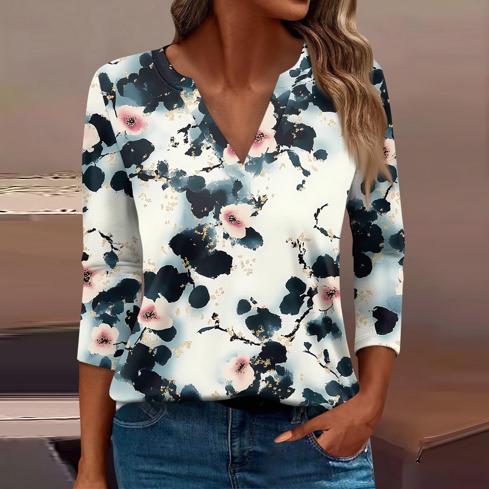 

Женская футболка Футболка с принтом Рукав 3/4 Повседневные Выходные Мода Базовый V-образный вырез Обычный топ L чёрный