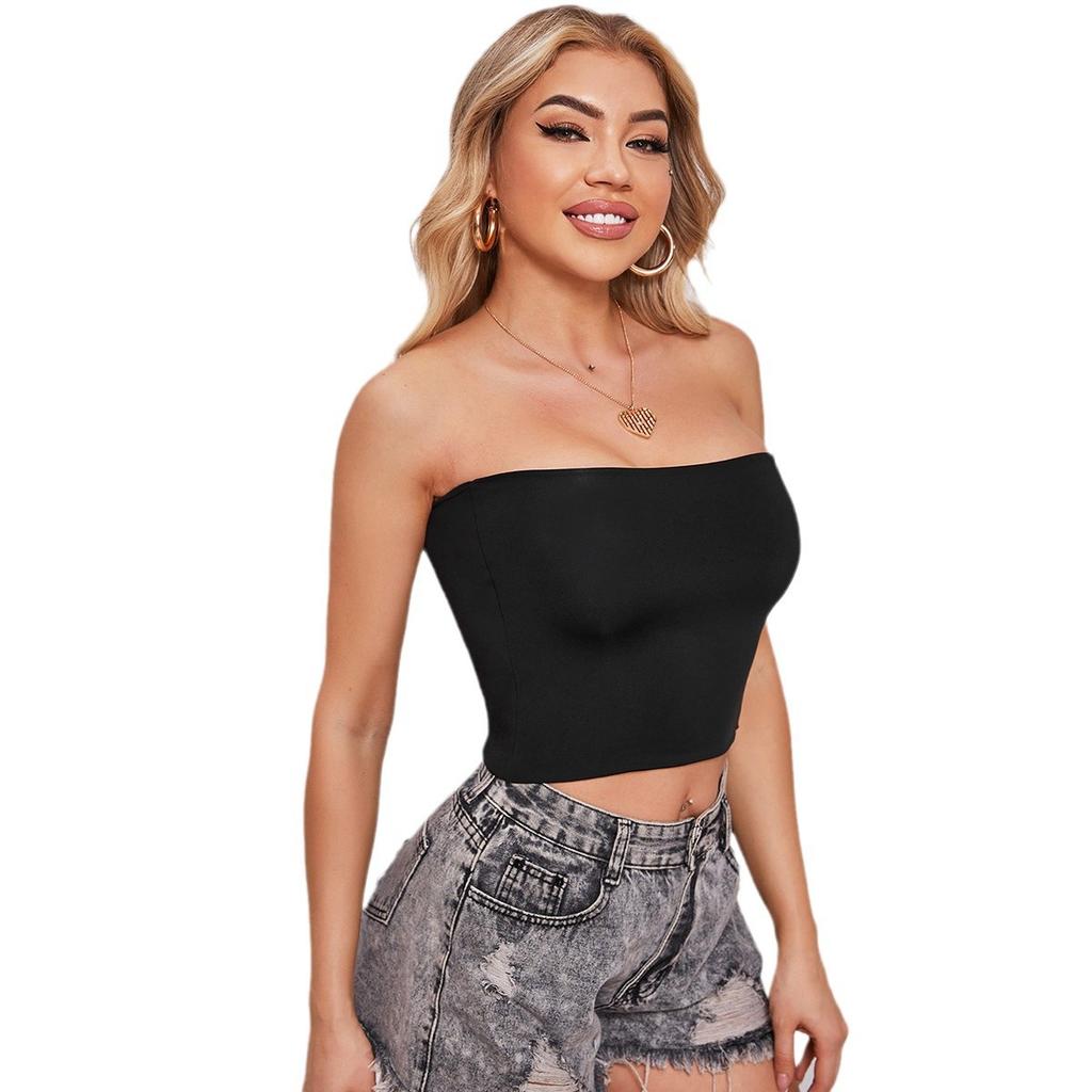 Off-the-shoulder one-word collar chest-wrapped top, European and American summer sexy open-button short bottom tube top with chest pad
