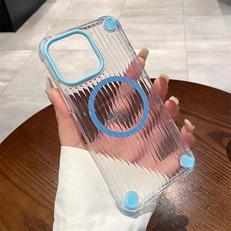 Transparent Stripe Soft TPU Phone Case For iPhone 16 15 14 Plus 13 12 11 Pro Max Clear Magnetic For Magsafe Wireless Charge Capa