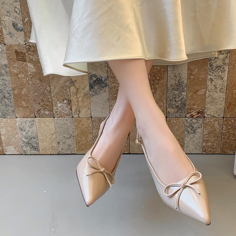 

Fashion Low Heel Baotou Sandals Summer New Pointed Head Shallow Mouth Butterfly Knot Metal Buckle Non-slip Wear-resistant Heel Shoes 40