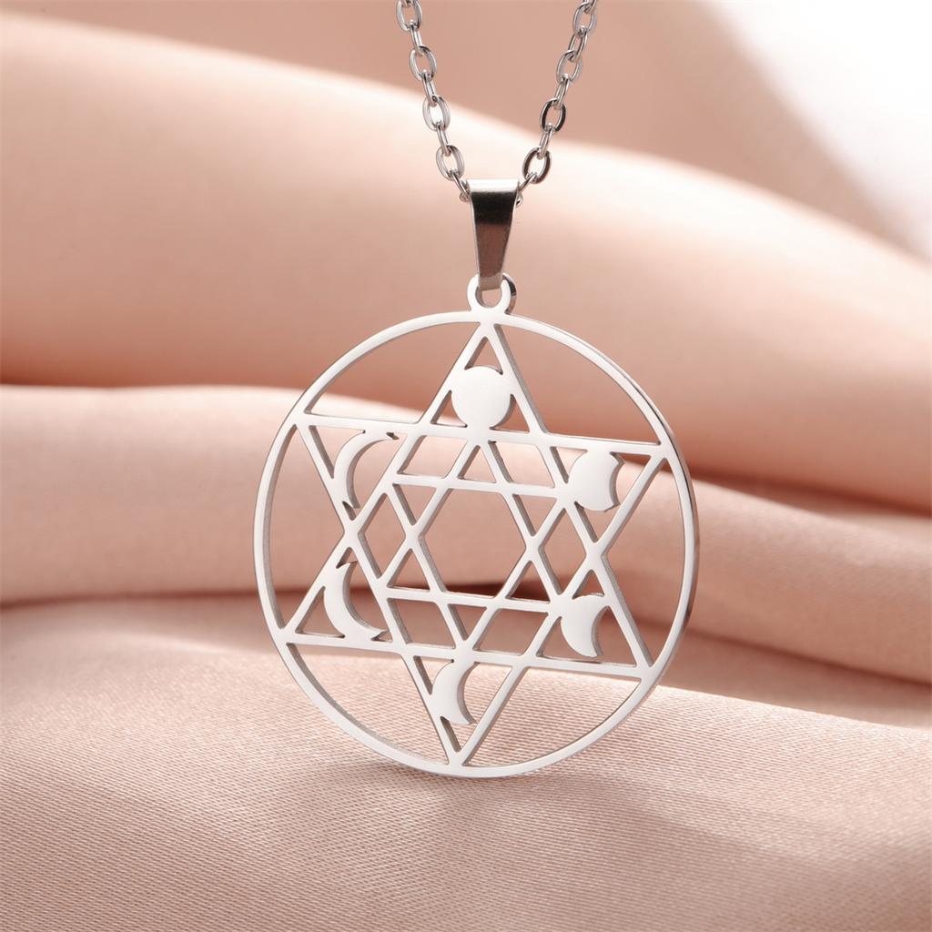 Judaism Hexagonal Star Necklaces Stainless Steel Sacred Moon Phase Pendant Choker Women Men Jewish Blessing Jewelry Gift
