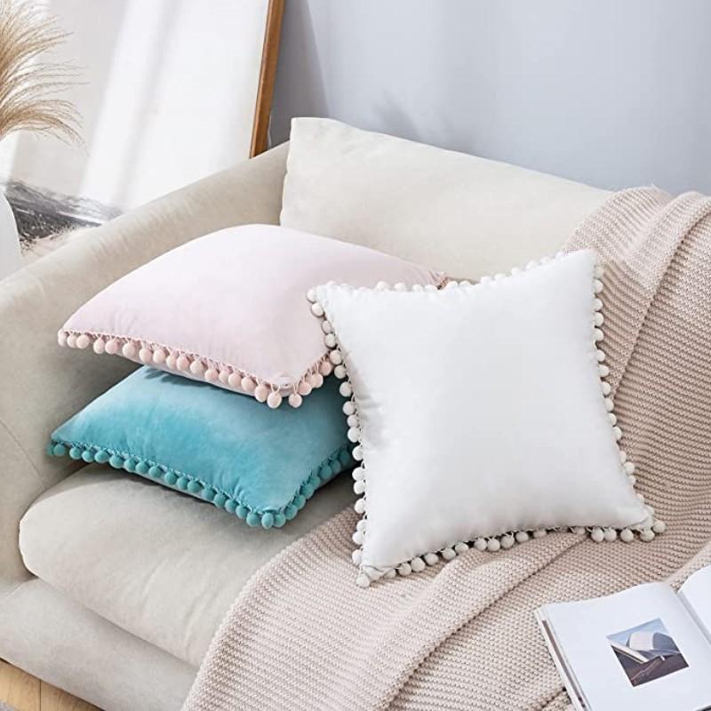 Inyahome Solid Color Velvet Throw Pompom Pillow Covers Pillowcase for Home Decor Sofa Living Room Bed Couch Farmhouse Outdoor