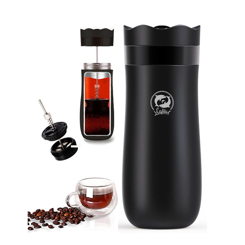 

Дорожная френч-пресс кофеварка 12 унций Портативная двухстенная нержавеющая с вакуумной изоляцией кофейная кружка Идеально подходит для кемпинга и путешествий чёрный