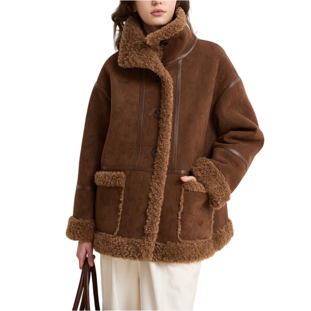 Women's Faux Suede Button Jacket Oversized Gathered Hem Short Length Coat Casual Vintage Outerwear With Pockets