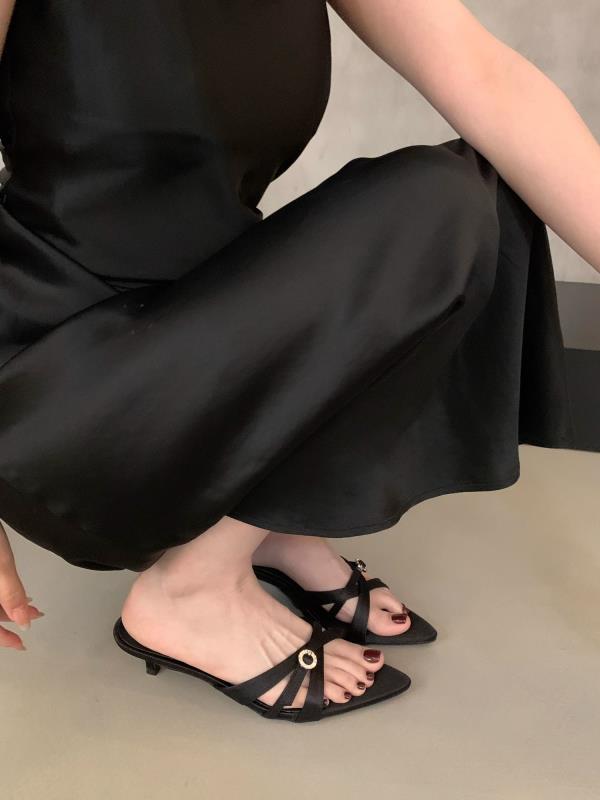 Fashion Shoes Pointed Toe Ladies' Slippers Women Heels Big Size High Slides Shoes Woman 2025 Big Size Slippers Heels Pointed Toe High