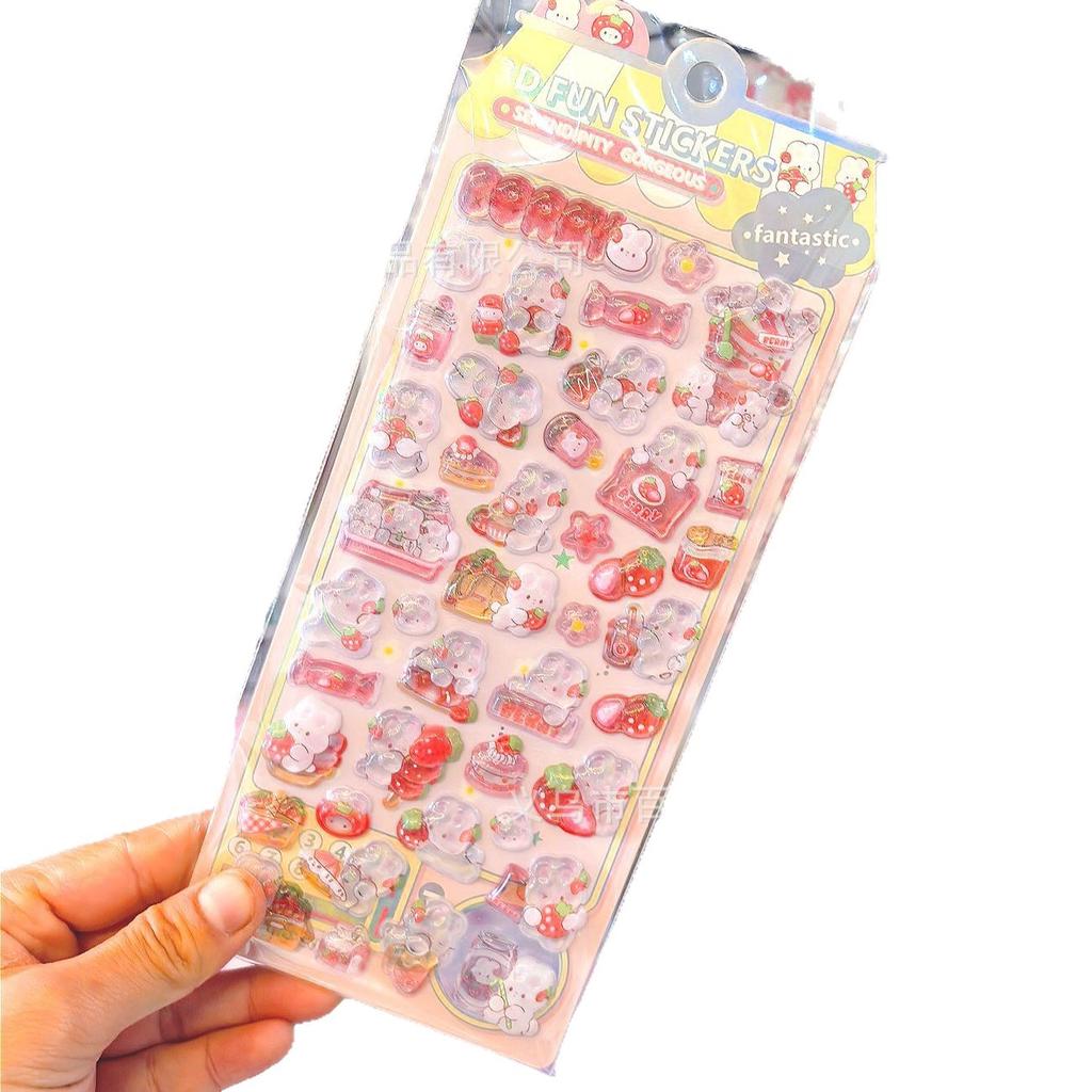 New Authentic 3D Crystal Solid Strawberry Rabbit Embossed Cartoon Stickers For Kids Students Reward Phone Case Decorative Decals