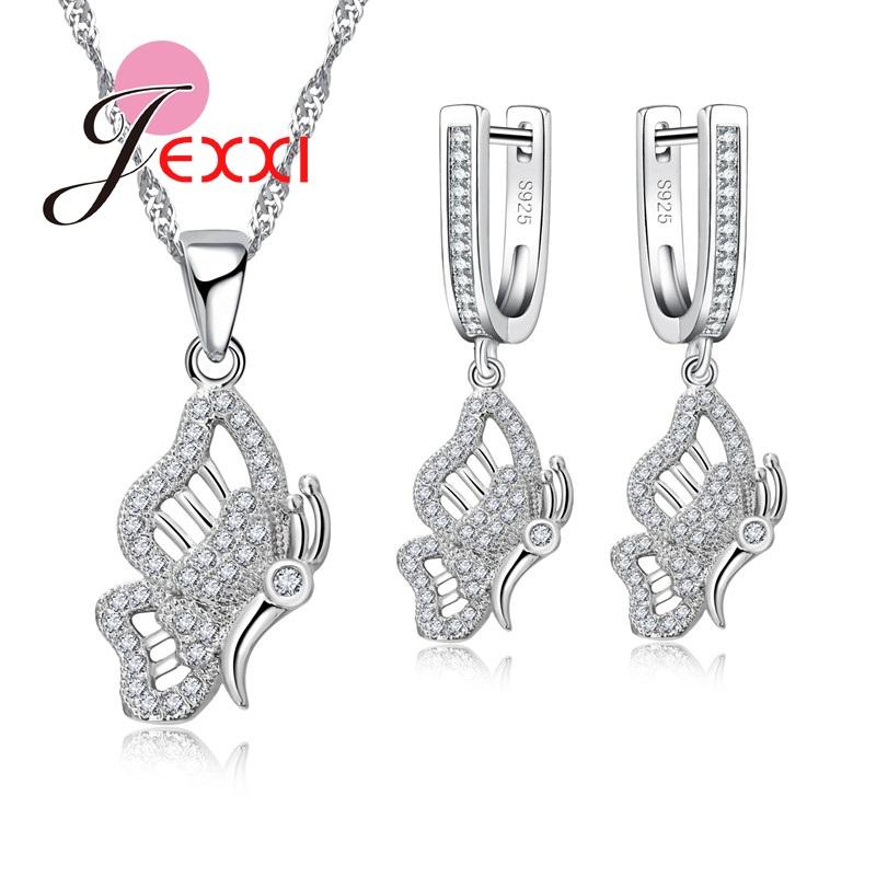 Love Wings Luxury Silver Color Color Jewelry Set For Women Shining CZ Crystal Earrings Necklace Set For Engagement Wedding
