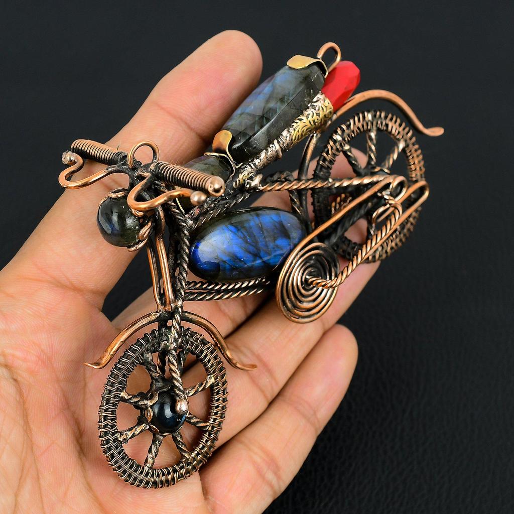 Labradorite & Red Coral Gemstone Copper Wire Wrapped Motorcycle Designer Pendant, Gifts For Wife Brand New Pendant
