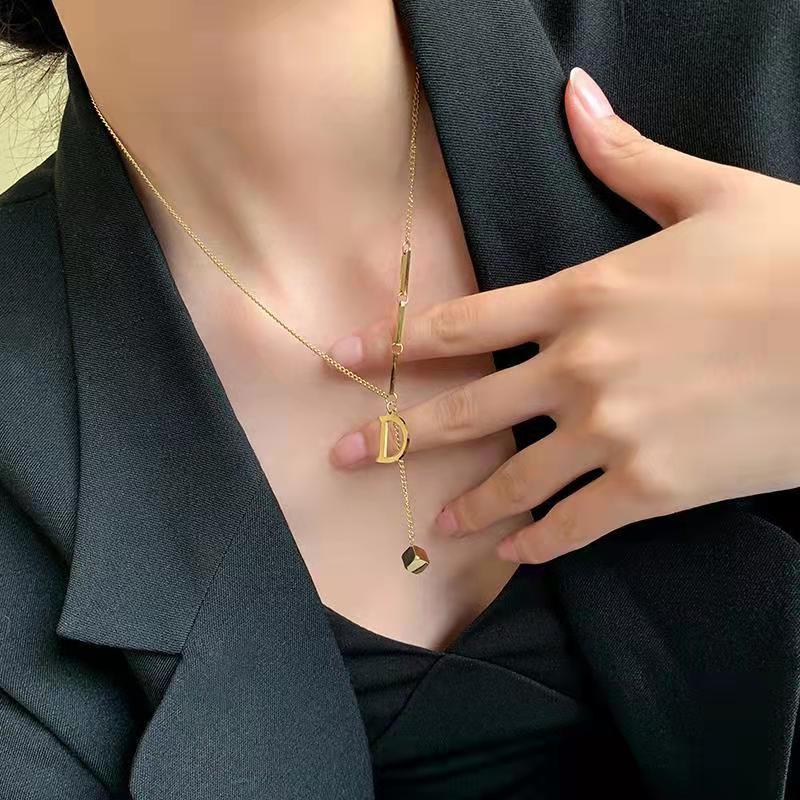 316L Stainless Steel Fashion Fine  Elegant Noble Letter D Sexy Cube Tassel Charms Chain Choker Necklace Pendant For Women