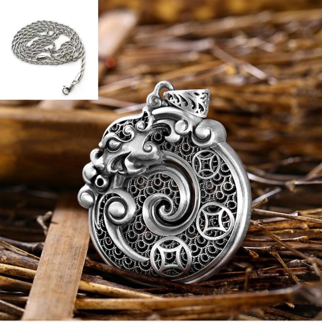 Sterling Silver Dragon Zodiac Peace Pendant: Dragon & Tiger Design with Hand-Woven Silk - Chinese Trend Pure Silver Jewelry