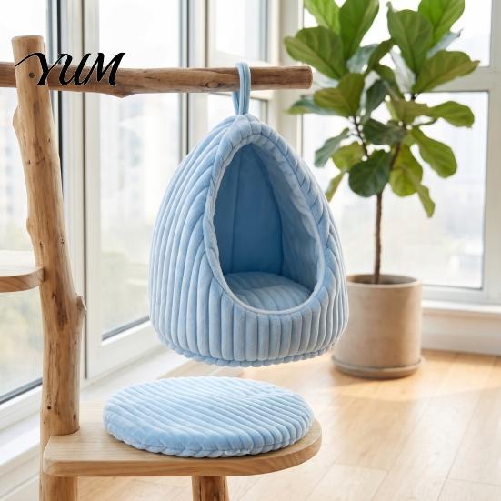 Plush Bird House Hanging Parrot Nest Bed, Winter Striped Water Drop Shape Warm Hideaway Cozy Cave Bed with Removable Cushion, Cage Hammock for