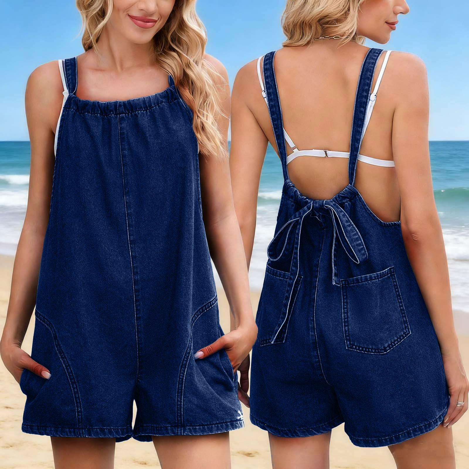 Women Sexy Backless Sleeveless  Adjustable Jean  With Pockets S
