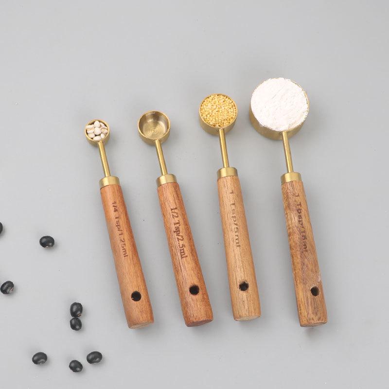 Copper & Acacia Wood Handle Measuring Spoons and Cups: 8-Piece Stainless Steel Set for Baking & Coffee