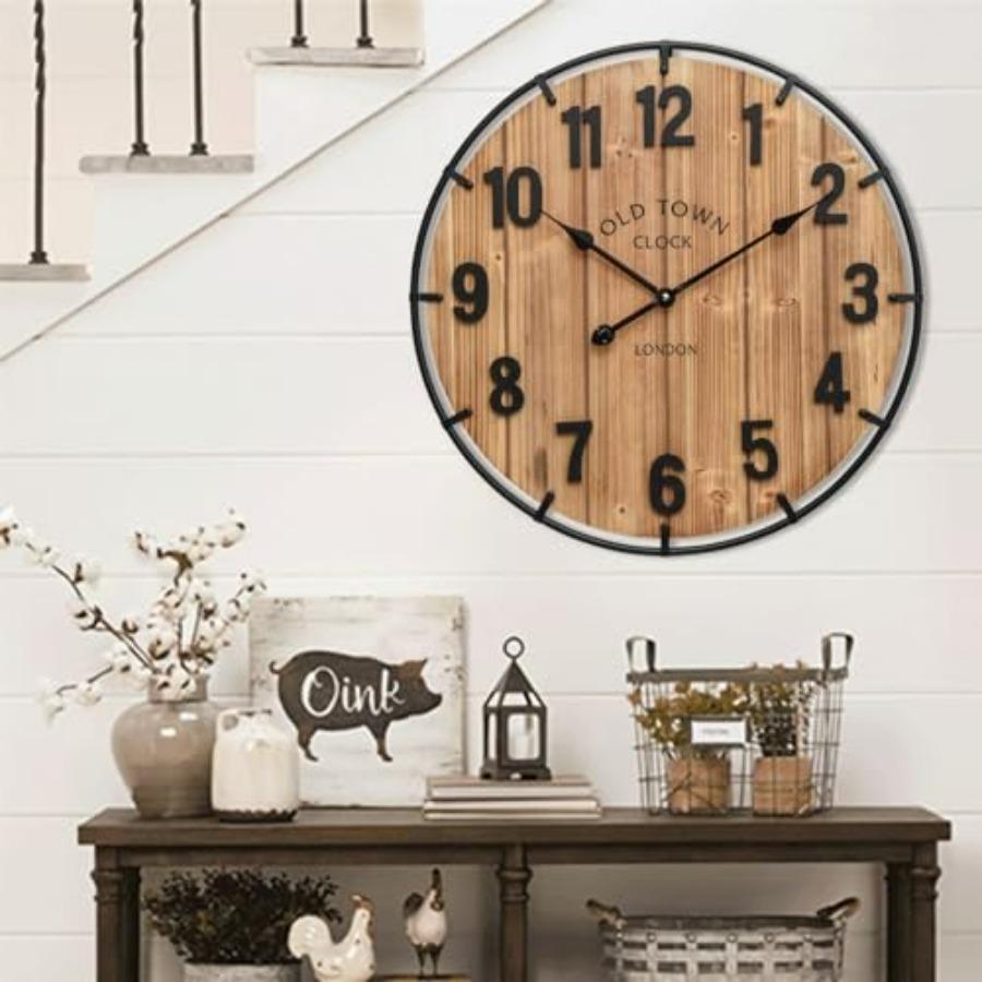 

24 Inch Rustic Antique Wood Wall Clock with Metal Circle and Large Numerals Silent Battery Operated Clock for Kitchen Office Be коричневый