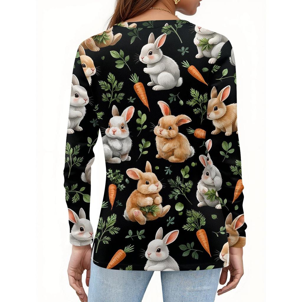 Damenmode Lässig Schlitz Saum Rundhals Langarm Lose Bedrucktes T-Shirt Damen Top