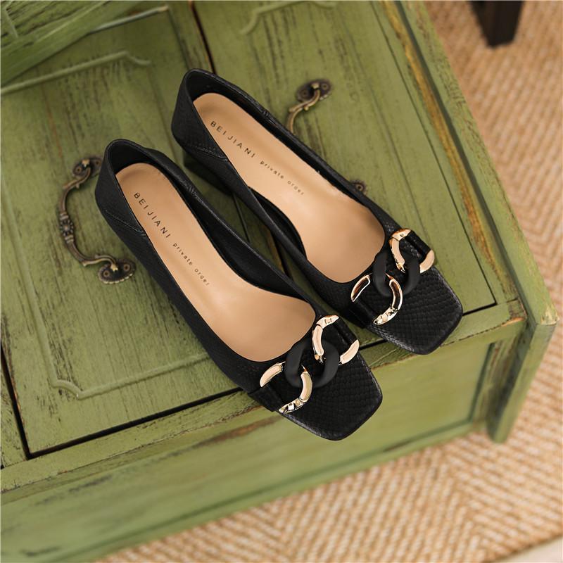 Sheepskin snake pattern square head high heels women's thick heel medium heel single shoes black work shoes soft leather can be stepped on