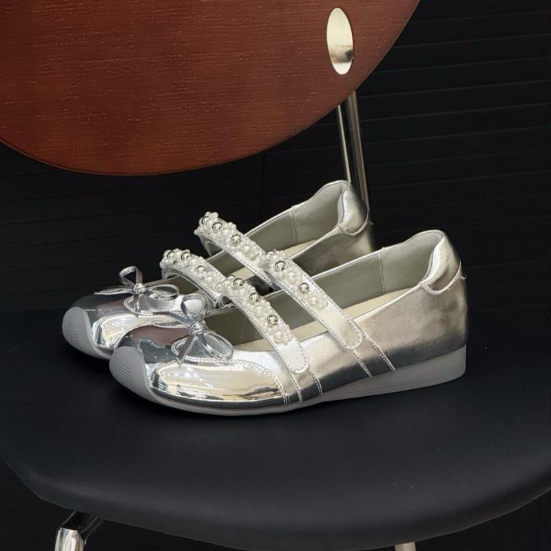 Metal Ballet Mary Jane Shoes Summer New Square Head Design Niche Casual Pearl Single Shoes Women