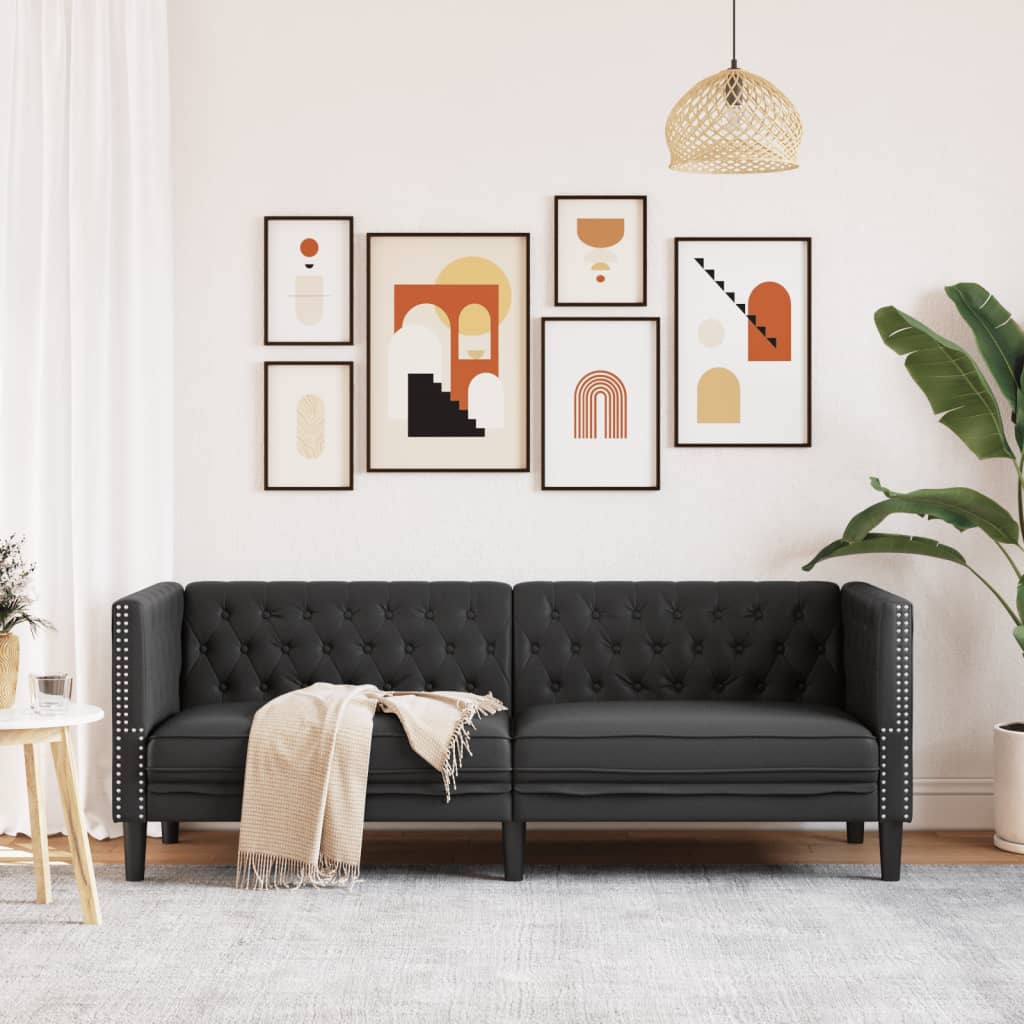 Vidaxl Sofa Chesterfield, 3-Os., Czarna, Tapicerowana Sztuczną Skórą