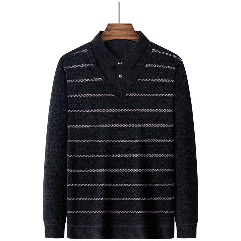 Dad's Winter Warm Chenille Knitwear: Men's Fleece-Lined Two-Piece Sweater with Thick Shirt Collar for Autumn/Winter.