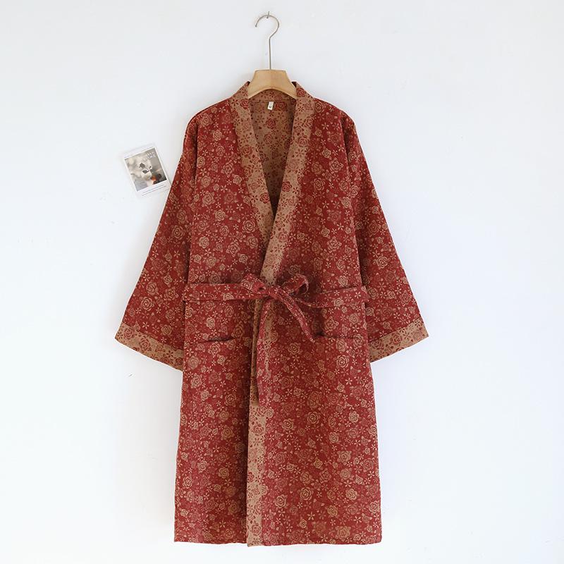 Dámská retro žakárová bavlněná yukata: Lehká jarní/podzimní noční košilka a pyžamo ve stylu kimona.