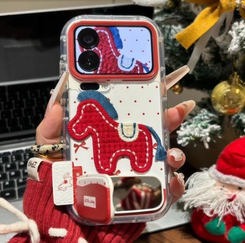 Mirror Bracket Is Suitable for Iphone17promax Mobile Phone Case, National Style Embroidery Knitted Pony Apple 16 Protective Case