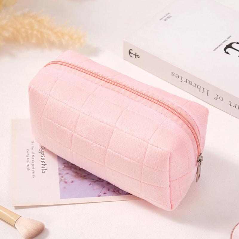 1Pc Cosmetic Travel Fleece Fabric Solid Color Wash Bag Make Up Pouch Storage Case Women's Toiletry Bag