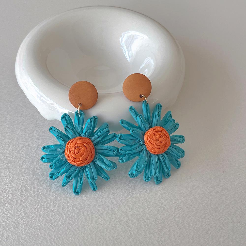 Colorful Raffia Flower Dangle Earrings - Summer Beach Vacation Style, European & American Fashion.