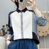 Japanese Retro Color Block Cotton Shirt - Women's Long Sleeve Contrast Patchwork, Skin-Friendly, Loose Fit Top