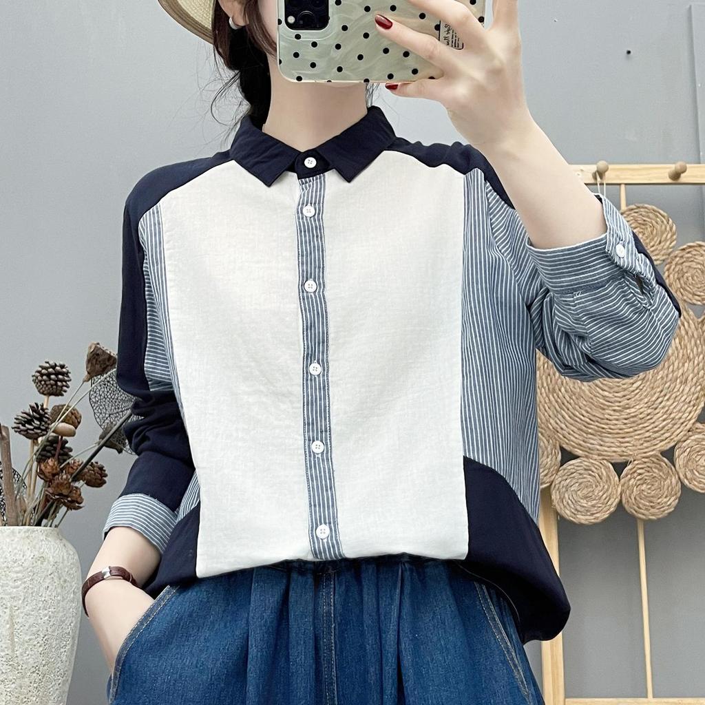 Japanese Retro Color Block Cotton Shirt - Women's Long Sleeve Contrast Patchwork, Skin-Friendly, Loose Fit Top